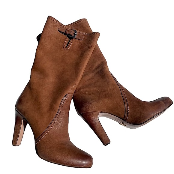 Prada Shoes - PRADA Leather Heel Mid Calf High Boots Brown Cognac Size 37.5 EU 7.5 US